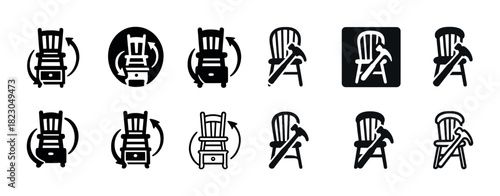 Icon set of chairs with arrows and hammers representing repair and recycling concepts