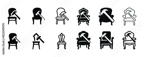Icons of various chair styles with hammer symbol for repair concept
