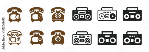 Retro telephones and boombox icons set in brown and black