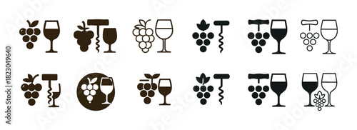 Wine symbols: grapes, corkscrews, and glass icons in varied styles