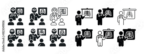 Medical icons illustrating doctors and patients with x-ray charts