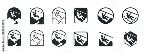 Set of zipline icons: adventure sports symbols and designs
