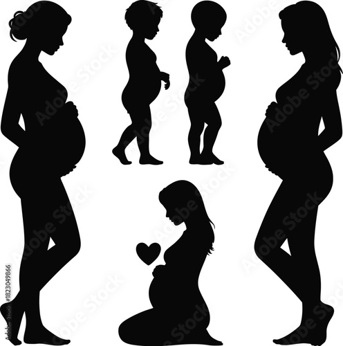 Pregnant women and child silhouettes with heart pregnancy