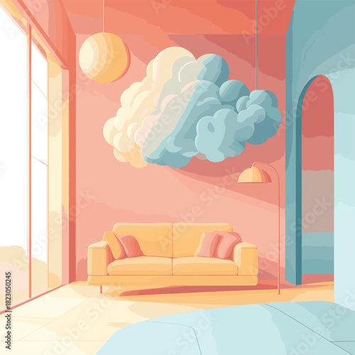 A pastel-colored storm in the shape of a thought cloud