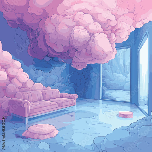 A pastel-colored storm in the shape of a thought cloud