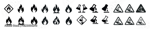 Collection of hazard and safety symbols in black and white icons