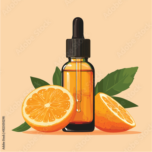Amber glass dropper bottle of Vitamin C serum with fresh oranges  , vector style simple color