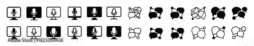 Microphone and people icons in black and white row design