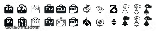 Tool and notification icons: variety of hand tools and alert symbols in black and white designs
