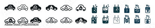 Hydrogen fuel cars and containers icons set