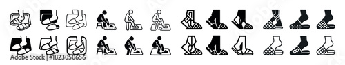 Footwear icon set: sandals, shoes, socks, slippers, boots, feet, sitting, standing, black and white