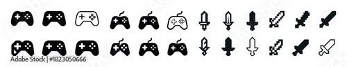 Various game controller and sword icon set in pixel and modern styles