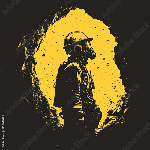 A miner in gear standing in a tunnel opening, black and yellow safety tones, top copy space  , vector style simple color