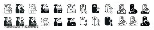 Cleaning icons set: spray bottles, towels, sponges, and shining surfaces in monochrome