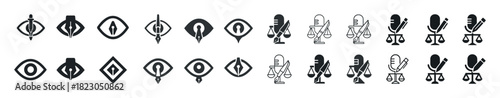 Abstract geometric icons: eye and balance scale symbols in black and white design