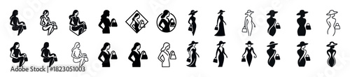Silhouette icons of stylish women with handbags in various poses and outfits