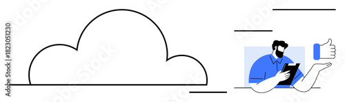 Large cloud shape symbolizing data storage beside a professional viewing clipboard with thumbs-up icon. Ideal for technology, teamwork, cloud storage, approval workflows, IT services, online