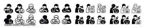 Monochrome halloween icons: children carving pumpkins silhouettes