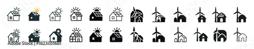 Various renewable energy icons featuring solar panels and wind turbines