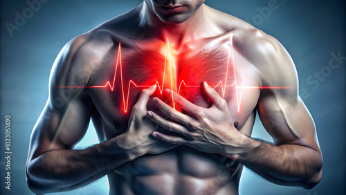 Muscular man with glowing heart rhythm, symbolizing health, fitness, and vitality for vibrant wellness concepts