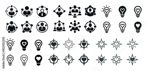 Set of business and idea icons: teamwork, innovation, collaboration, lightbulb symbols