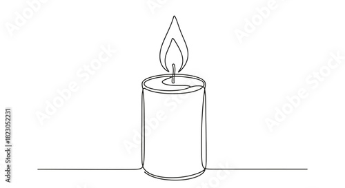 Minimalist one line drawing of a candle with flickering flame creating serene ambience