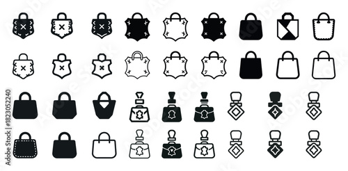 Monochrome icon set of bags and perfume bottles in various styles