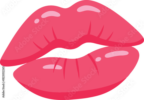 A flat vector illustration of glossy pink lips slightly parted in a soft kiss, featuring light highlights