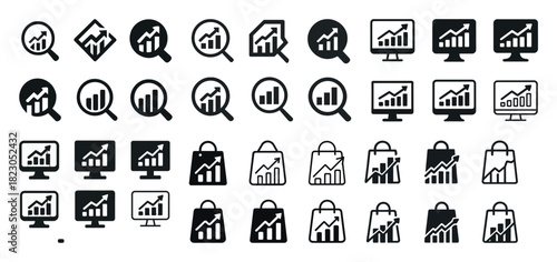 Set of black and white icons with graphs and magnifying glasses