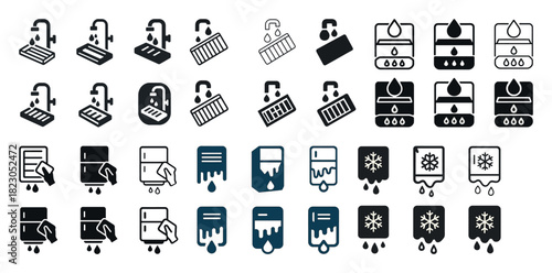 Collection of plumbing and water filter icons in black and white design