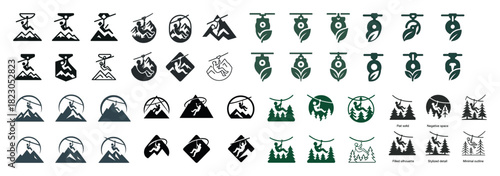 Diverse adventure icons featuring hiking, skiing, paragliding, and nature symbols