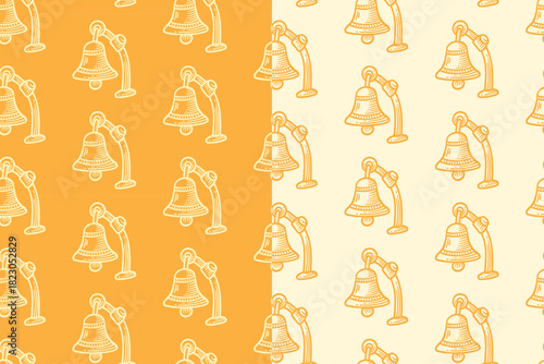 Hanging ship bell engraving seamless pattern on yellow beige background set for merchandise. Nautical vessel chime line art doodle pattern background. Ringer, gong, tinkle hatching motif wallpaper