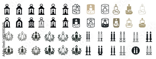 Set of diverse candle icons featuring various designs and decorations