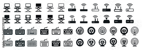 Collection of technology icons: laptops, routers, keyboards, webcams