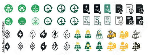 Sustainable energy icons: solar panels, wind turbines, eco leaves, sun, power symbols