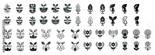 Set of plant growth and technology icons in various styles