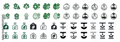 Eco-friendly icons: nature, plants, bees, fish, and sustainable living designs