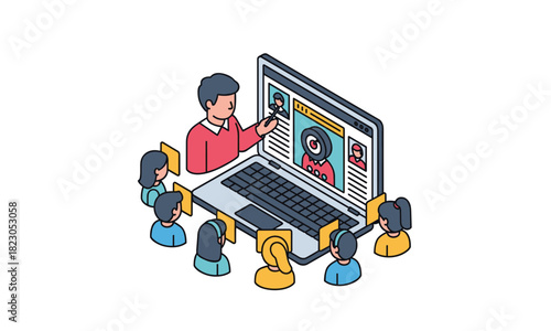 Engaging online class with instructor leading discussion on laptop, students participate virtually, modern digital learning, teamwork in virtual meeting, vector