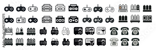 Collection of retro icons: game controllers, radios, televisions, telephones