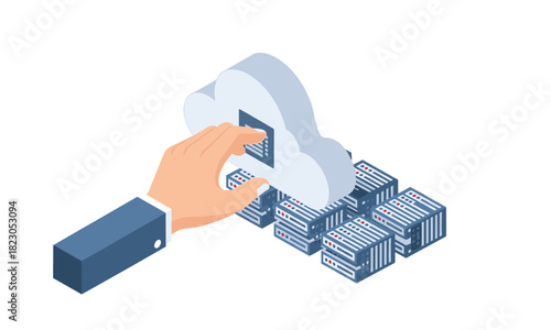 Seamless cloud server management with hand touching data, modern cloud storage solutions for business, streamlined data access, scalable computing power
