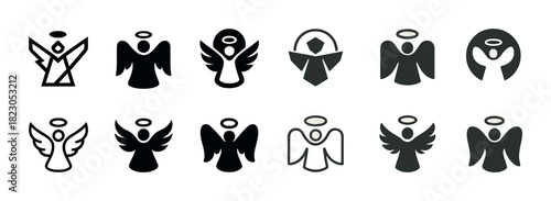 Variety of angel icon silhouettes in different styles and designs