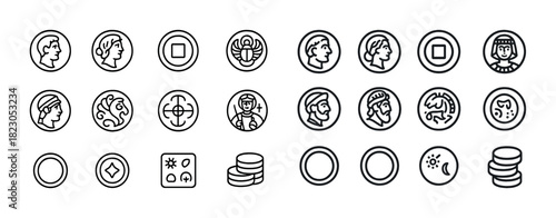 Ancient coin icons with profiles and symbols in black and white