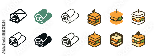 Set of wrap and sandwich icons in various colors and styles