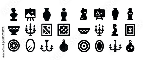 Minimalist black silhouette icons of art and decor objects