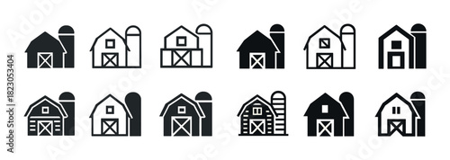 Set of black barn icons with silos in various designs