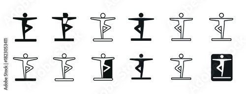 Set of yoga pose icons in black and white variations