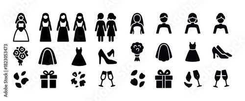 Wedding icon set: brides, dresses, bouquets, gifts, and champagne
