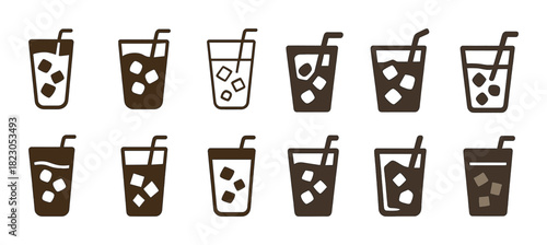Set of twelve iced drink icons with straws and ice cubes