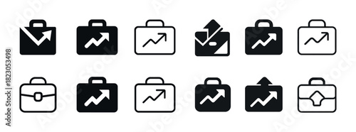 Business portfolio icons: growth, briefcase, and finance symbols in black and white