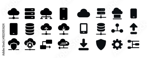 Cloud computing network icons set with cloud, server, download, and data symbols